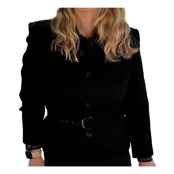 Jones New York Jackets & Blazers - Vintage 90s Jones New York Black Wool Belted Blazer Jacket USA Womens 16 Peplum
